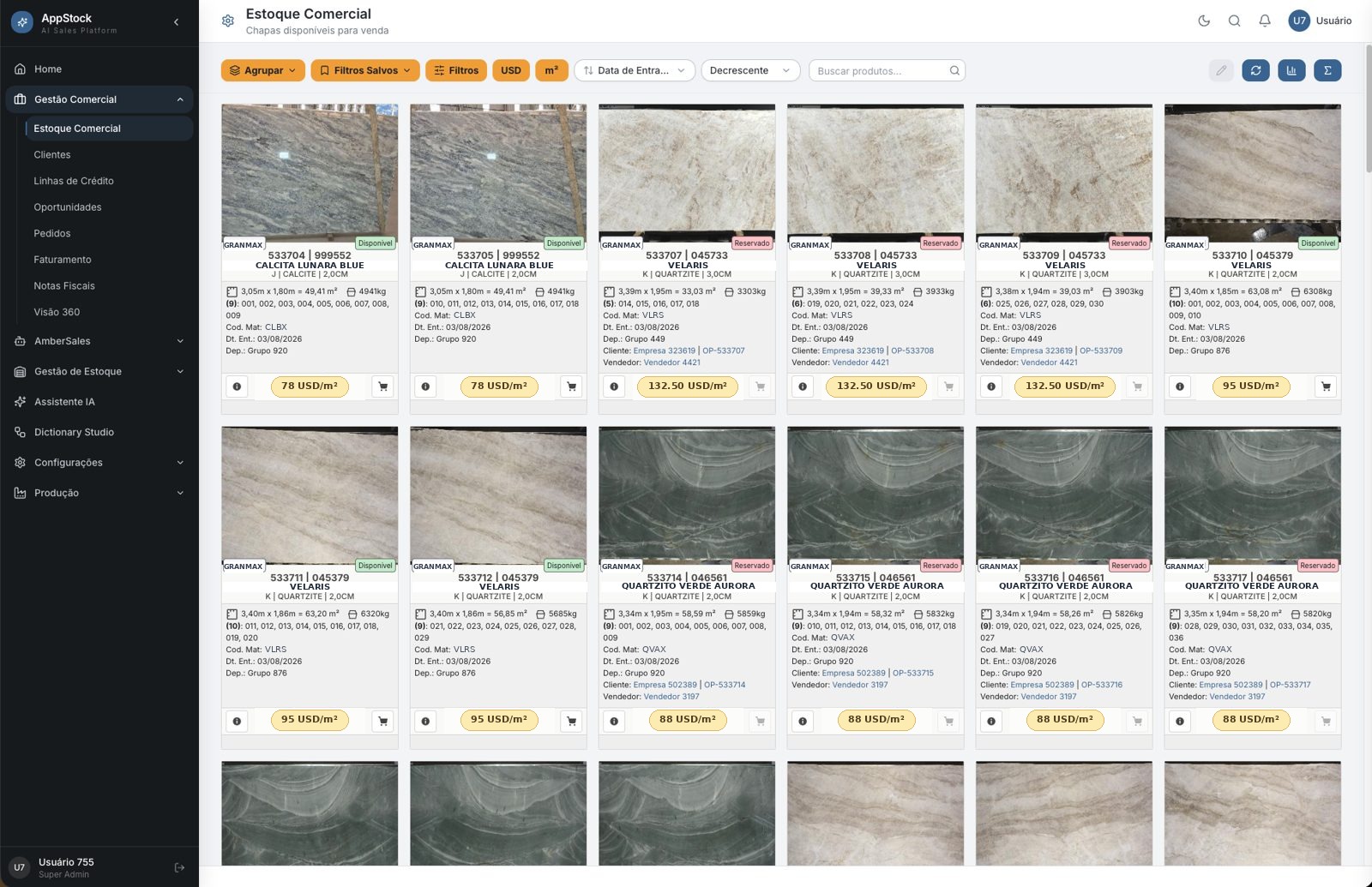 Grid do Estoque Comercial com fotos das chapas, preços, medidas e filtros