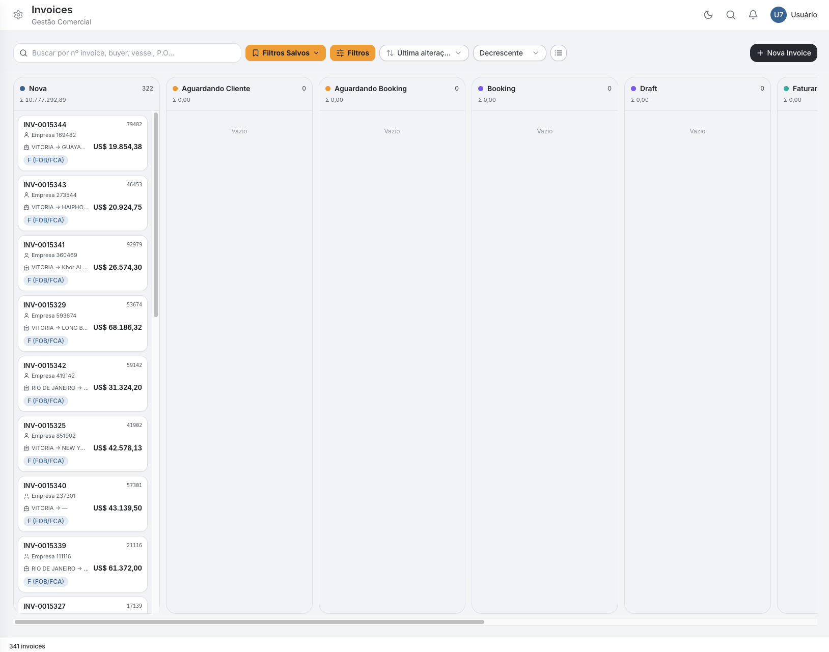 Quadro de invoices de exportação com etapas Nova, Aguardando Cliente, Aguardando Booking, Booking e Draft